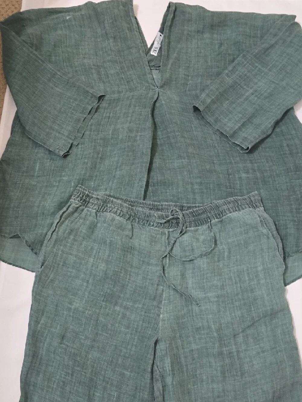 Zara Linen-Blend Relaxed Drawstring 2 Piece Set in Teal Green L‎